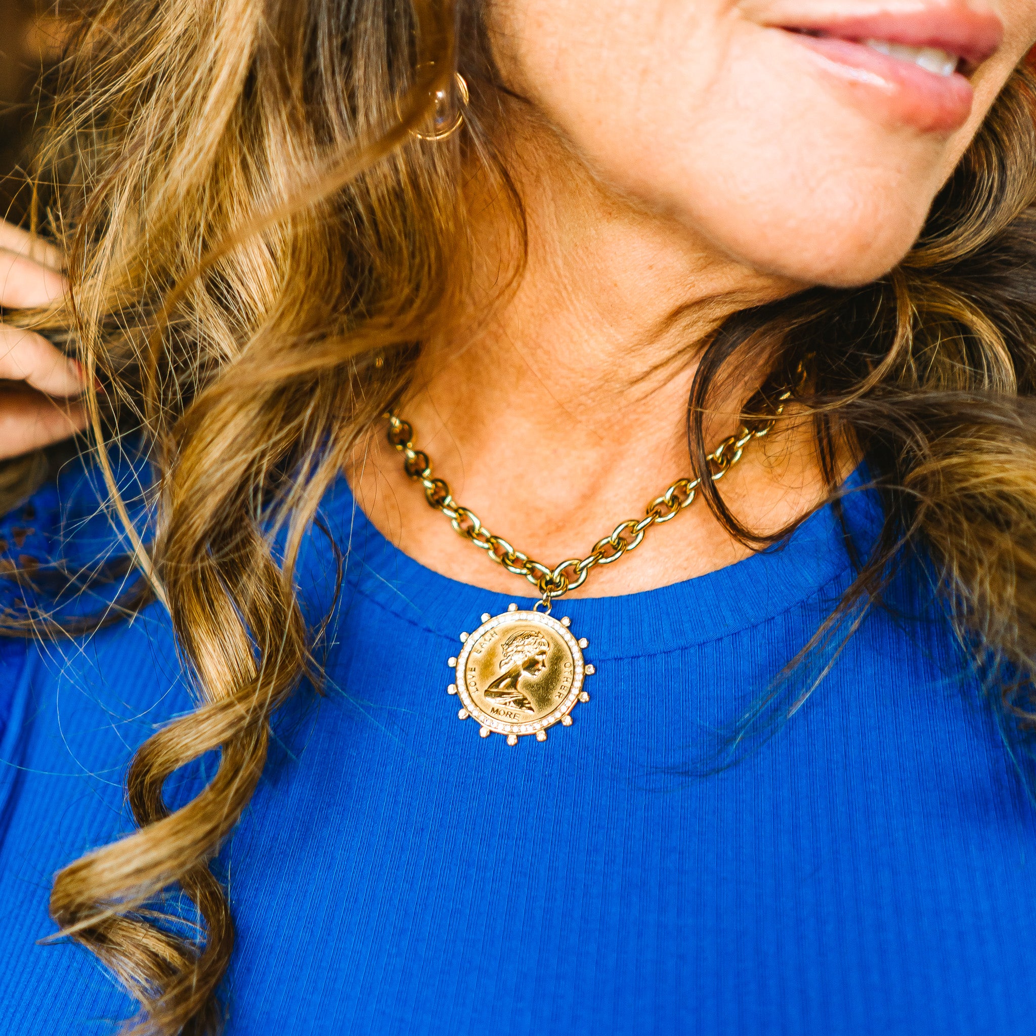 gold coin necklace, rhinestone coin pendant, water resistant jewelry, adjustable chain necklace, gold choker necklace, layering necklace, dainty statement necklace, timeless gold necklace, sparkly pendant necklace, everyday gold jewelry, elegant coin necklace, trendy gold accessories, boutique jewelry, gift for her, classic gold necklace