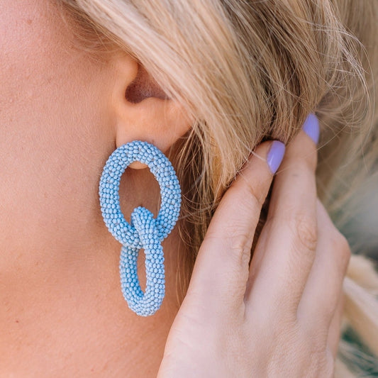 beaded earrings, fun earrings, statement earrings, blue earrings, chain link earrings, chain earrings, bead earrings, summer earrings, summer accessories, spring earrings, spring accessories, teacher accessories, teacher earrings