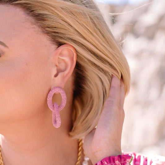 beaded earrings, fun earrings, statement earrings, pink earrings, chain link earrings, chain earrings, bead earrings, summer earrings, summer accessories, spring earrings, spring accessories, teacher accessories, teacher earrings