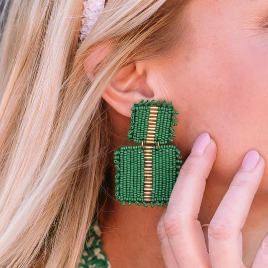 square beaded earrings, beaded earrings, beaded dangle earrings, square earrings, gold detail earrings, summer earrings, bold earrings, vibrant earrings, spring earrings, green beaded earrings, green earrings