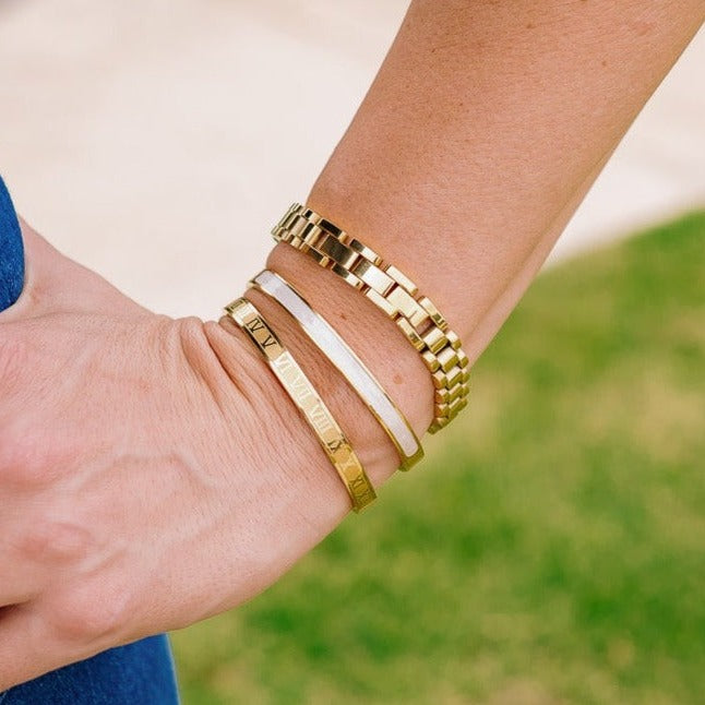 Gold bracelet, white bracelet, pink bracelet, gold cuff bracelet, white cuff bracelet, pink cuff bracelet, gift for teens, small gift, gift for twins, bracelet stack, stacked bracelets, everyday accessories, gold accessories, gold bracelet stack