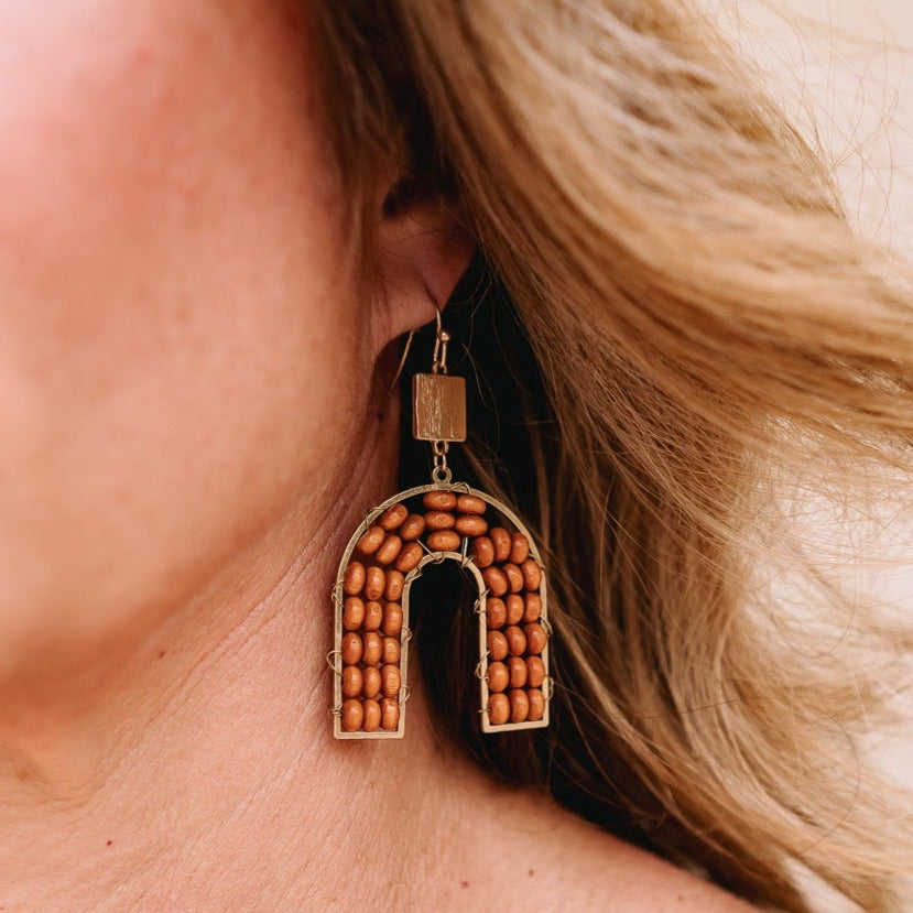wooden bead earrings, wooden arch earrings, wood earrings, wood arch earrings, fall earrings, natural earrings, french wire dangle earrings, brown wooden earrings, brown beaded earrings 