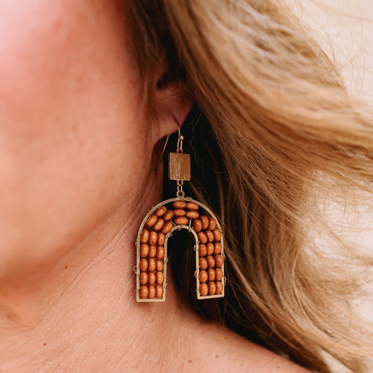 wooden bead earrings, wooden arch earrings, wood earrings, wood arch earrings, fall earrings, natural earrings, french wire dangle earrings, brown wooden earrings, brown beaded earrings 