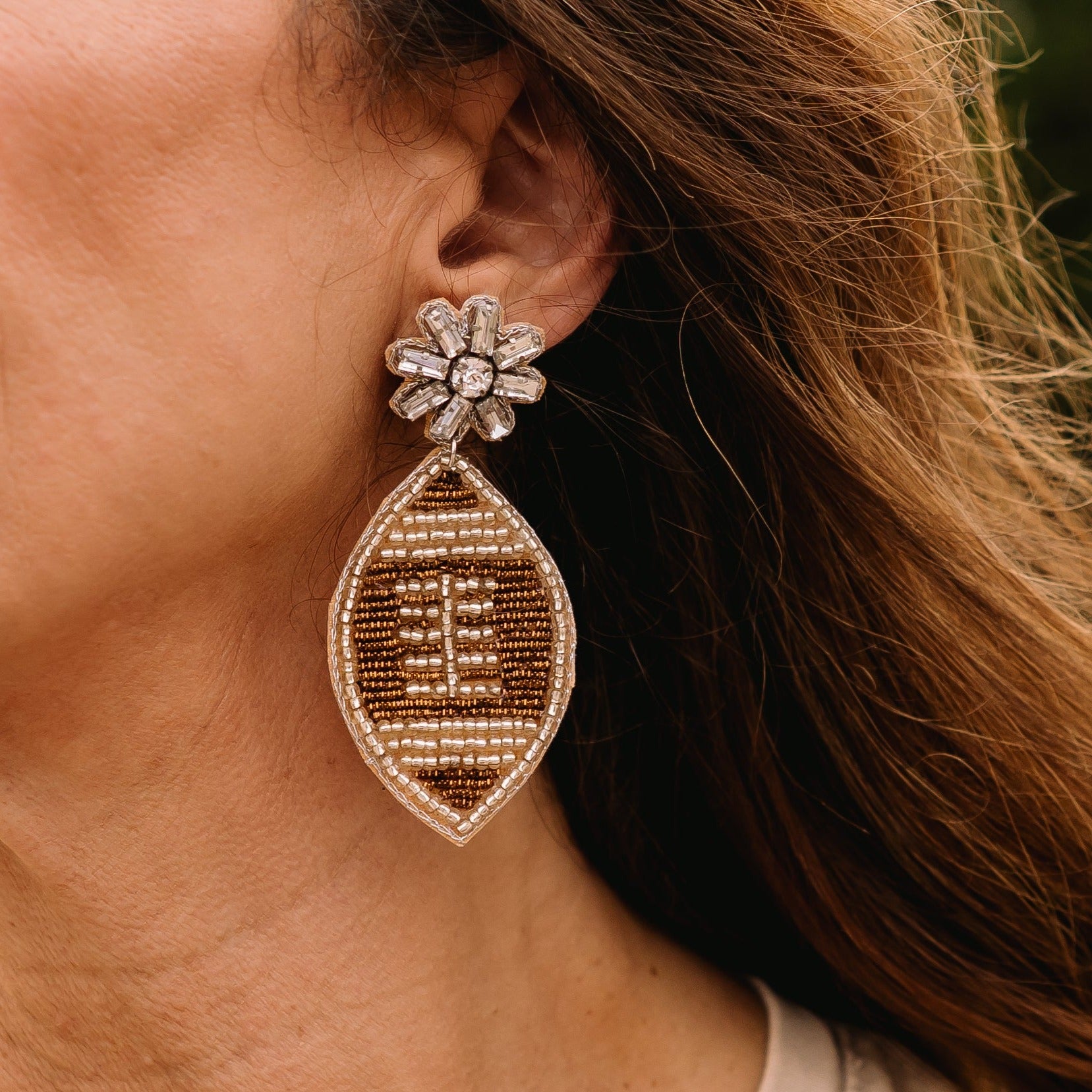 football earrings, beaded earrings, football beaded earrings, football season earrings, game day earrings, football game earrings, game time earrings, dallas cowboys game outfit, football game accessories, rhinestone earrings, rhinestone football earrings, seed bead earrings, stud dangle earrings, earrings, high school football game outfit, football mom outfit, football mom gift