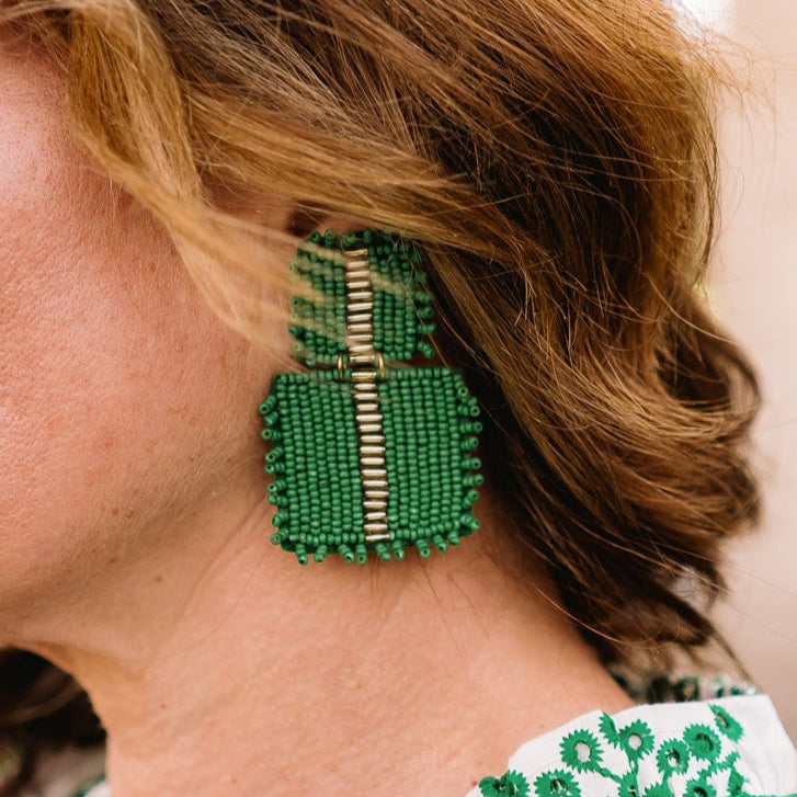 square beaded earrings, beaded earrings, beaded dangle earrings, square earrings, gold detail earrings, summer earrings, bold earrings, vibrant earrings, spring earrings, green beaded earrings, green earrings