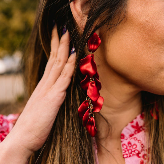 petal earrings, flower petal earrings, dangle earrings, flower dangle earrings, red earrings, pink earrings, blue earrings, colorful earrings, long dangle earrings, statement earrings, prom earrings, homecoming earrings, formal earrings, petal detail earrings, fun spring earrings, fun earrings, yellow earrings, orange earrings 