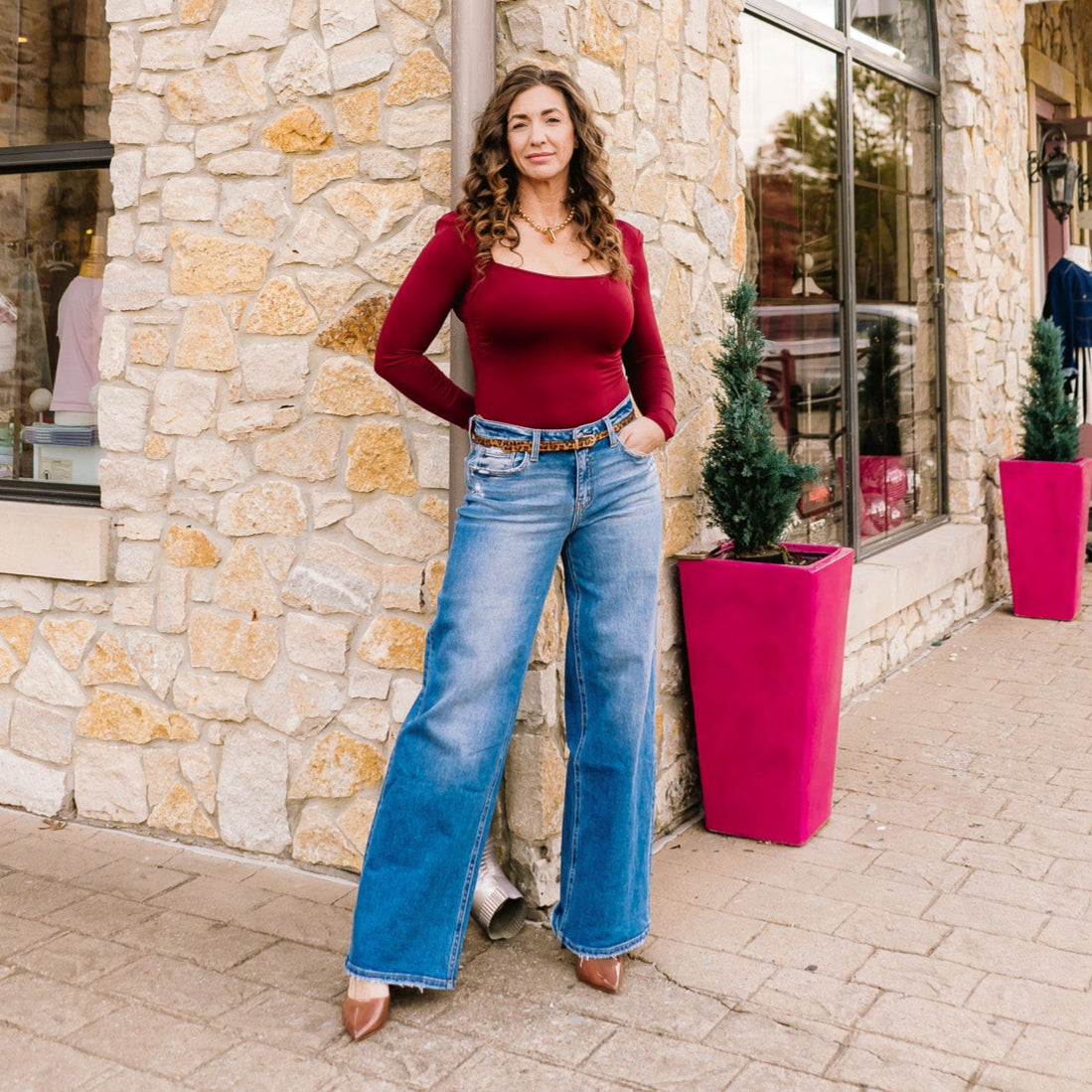 mid rise jeans, wide leg jeans, full length denim, comfort stretch jeans, relaxed fit jeans, slightly distressed denim, women’s wide leg pants, boutique denim, flattering mid rise jeans, long inseam jeans, 34 inch inseam jeans, versatile blue jeans, casual chic denim, everyday wide leg jeans, trendy fall denim, effortless jeans for women, polished wide leg silhouette, elevated basics denim, Sweet Voyage jeans, T6613 jeans, comfortable women’s jeans, classic blue denim, modern wide leg trousers