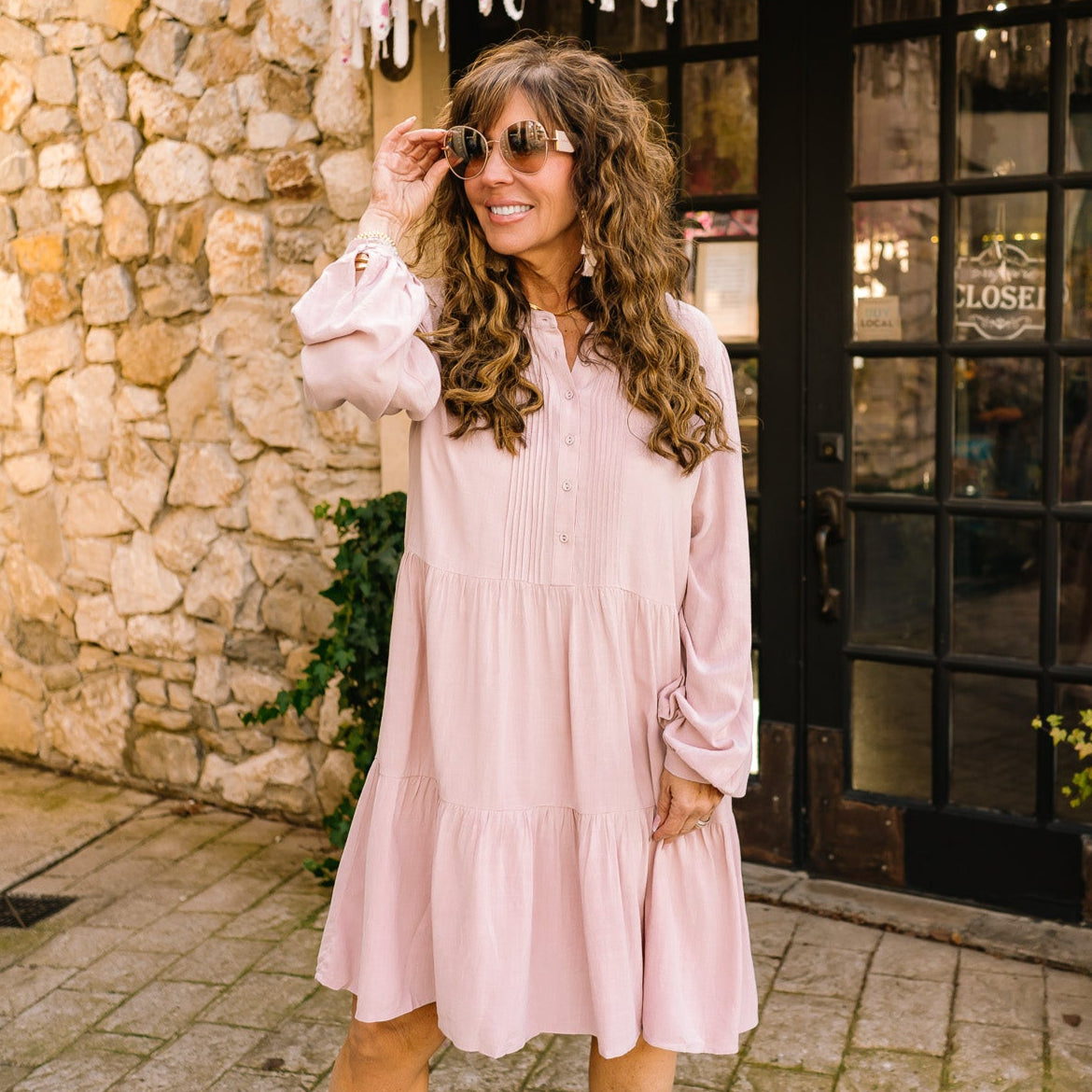 pintuck detail dress, split v neckline, babydoll mini dress, babydoll dress, tiered skirt, babydoll tiered dress, pale pink dress, mom dress, spring dress, easter dress, easter outfit, spring outfit, teacher dress, teacher outfit, button front detail, pink dress, business casual dress