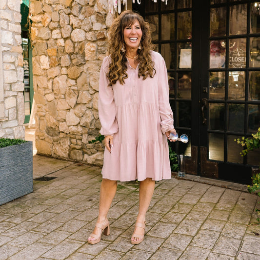 pintuck detail dress, split v neckline, babydoll mini dress, babydoll dress, tiered skirt, babydoll tiered dress, pale pink dress, mom dress, spring dress, easter dress, easter outfit, spring outfit, teacher dress, teacher outfit, button front detail, pink dress, business casual dress