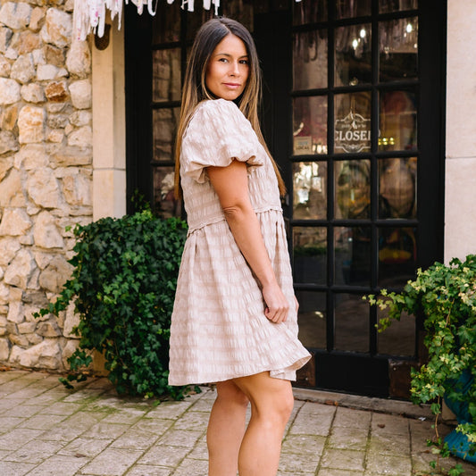 babydoll dress, puff sleeves, puff sleeves dress, babydoll, textured dress, pleated dress, textured babydoll dress, natural dress, boho dress, bohemian dress, staple dress, spring dress, summer dress, fall dress, transition piece, picnic outfit, vacation dress, tan dress, ivory dress