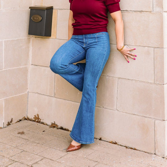 flare jeans, medium wash jeans, medium wash denim, denim apparel, medium denim apparel, two button jeans, two button denim apparel, double button jeans, high rise jeans, hi-rise jeans, high rise pants, business casual, casual Fridays, medium wash flare jeans, retro jeans, retro inspired jeans, clean denim, clean jeans, back to school jeans, teacher jeans, teacher pants, teacher denim 