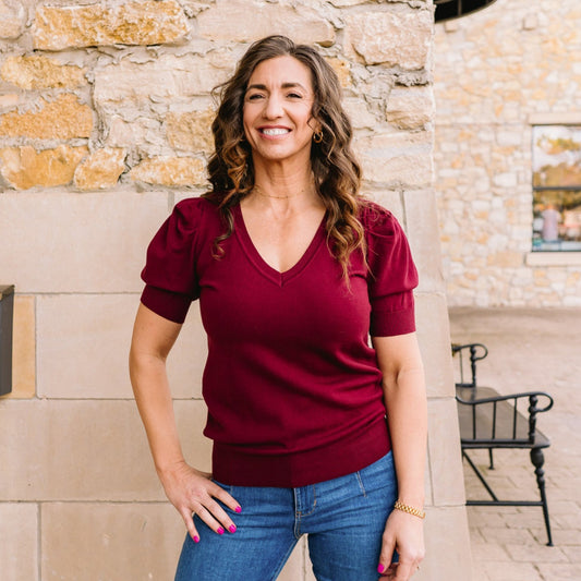 v neck sweater, short sleeve sweater, vneck sweater, v-neck sweater, short sleeve spring sweater, spring sweaters, layering sweater, puff sleeve sweater, puff sleeve sweater top, sweater top, solid color sweater, burgundy sweater, black sweater, lavender sweater, pink sweater, white sweater, church top, business casual, business professional, business chic, easter sweater, easter outfit, spring outfit, spring tops, spring staples, staple sweater