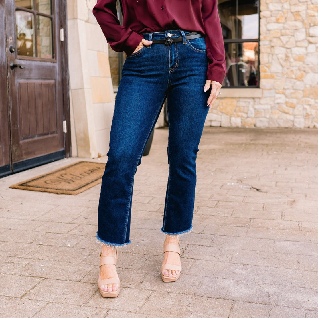 cropped flare jeans, flare jeans, comfort stretch denim, comfort stretch jeans, dark wash jeans, frayed hem jeans, cropped jeans, denim apparel, dark wash denim, dark wash jeans, vervet denim, high rise jeans, high waisted jeans, high rise flare jeans