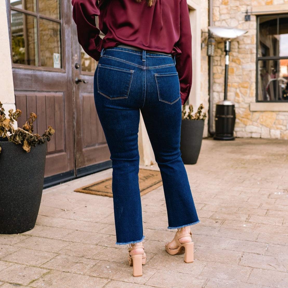 cropped flare jeans, flare jeans, comfort stretch denim, comfort stretch jeans, dark wash jeans, frayed hem jeans, cropped jeans, denim apparel, dark wash denim, dark wash jeans, vervet denim, high rise jeans, high waisted jeans, high rise flare jeans