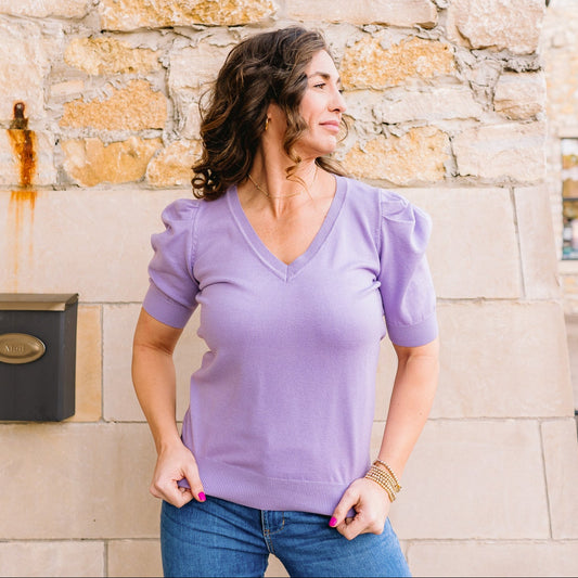 v neck sweater, short sleeve sweater, vneck sweater, v-neck sweater, short sleeve spring sweater, spring sweaters, layering sweater, puff sleeve sweater, puff sleeve sweater top, sweater top, solid color sweater, burgundy sweater, black sweater, lavender sweater, pink sweater, white sweater, church top, business casual, business professional, business chic, easter sweater, easter outfit, spring outfit, spring tops, spring staples, staple sweater