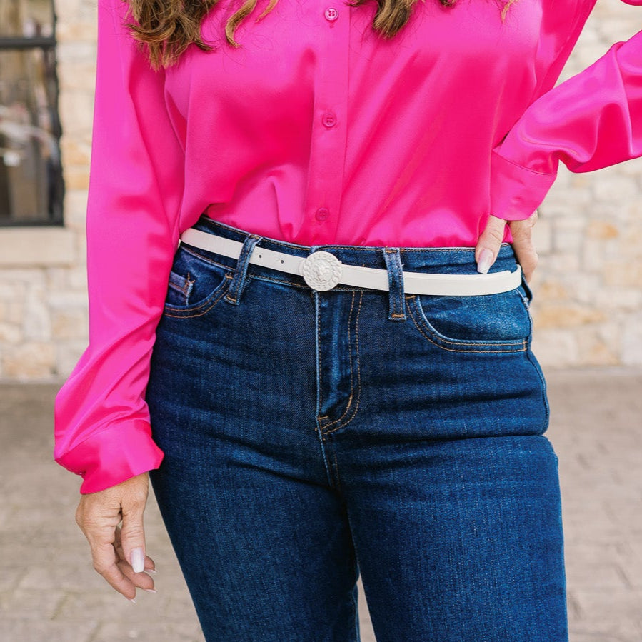 thin belt, staple accessories, staple accessory, thin leather belt, leather belt, pleather belt, thin pleather belt, staples, round buckle belt, white belt, thin white belt