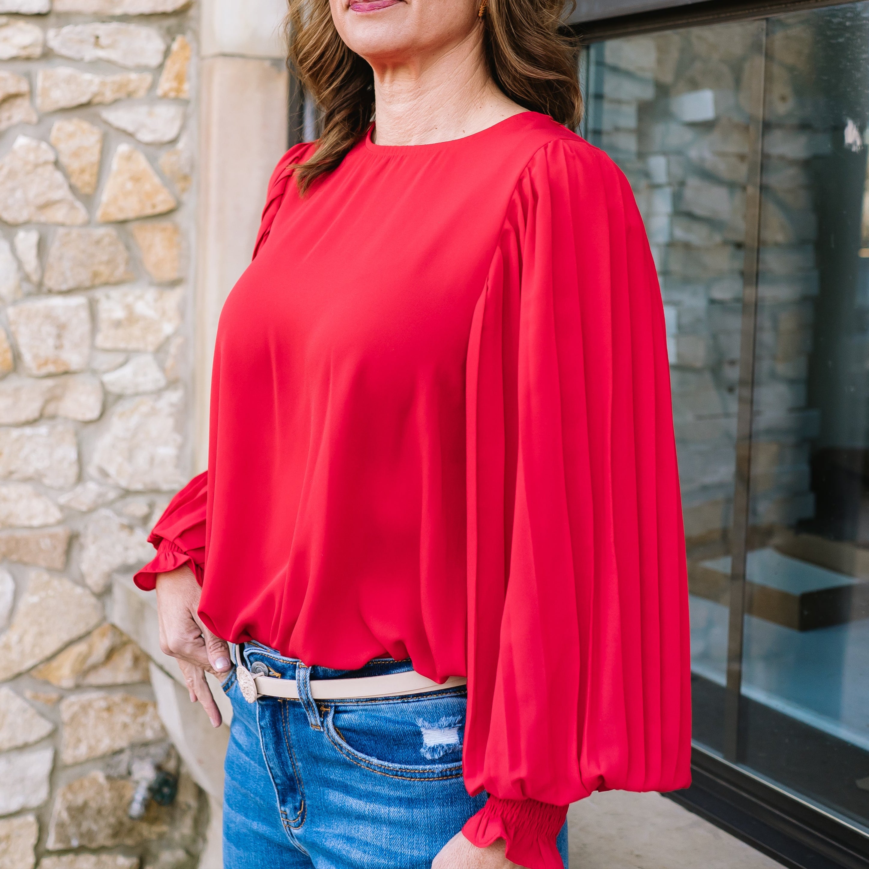 pleated sleeve blouse, business casual, business chic, business professional, work outfit, work top, long sleeve blouse, pleated blouse, pleated sleeve, staple piece, staple work top, red top, red blouse, pink top, pink blouse, lavender top, lavender blouse