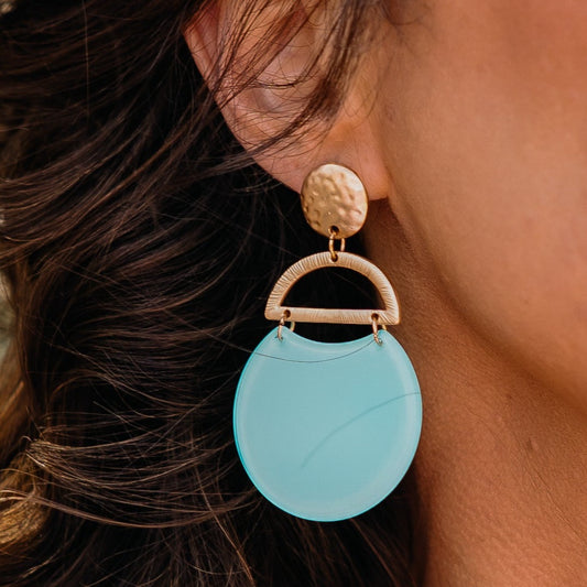 circle pendant earrings, stud dangle earrings, aqua pendant earrings, gold earrings, aqua and gold earrings, semi circle earrings, abstract earrings