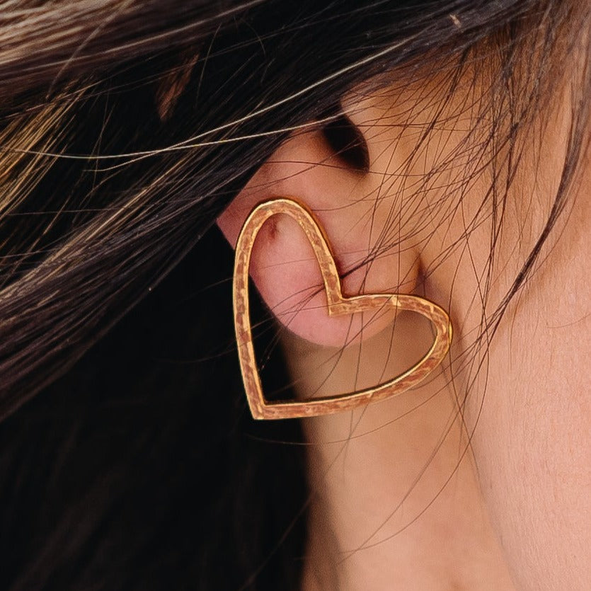 hammered gold earrings, gold heart earrings, heart earrings, gold earrings, hammered gold heart earrings, hammered heart earrings, oversized earrings, oversized heart earrings, oversized gold earrings, hypoallergenic, water resistant earrings, water proof earrings, brenda grands earrings, brenda grands jewelry