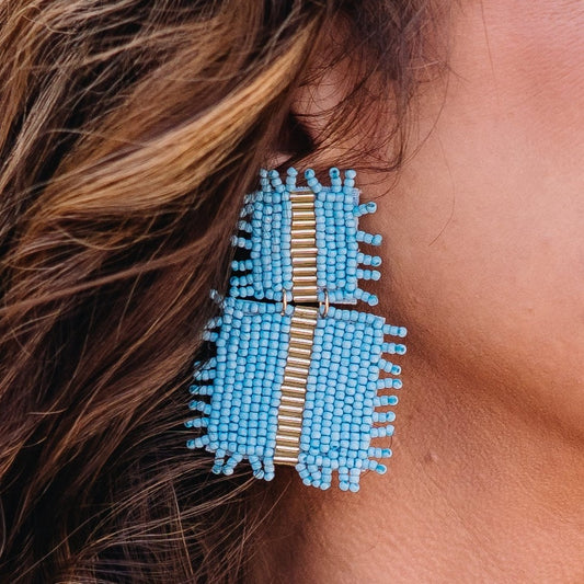 square beaded earrings, beaded earrings, beaded dangle earrings, square earrings, gold detail earrings, summer earrings, bold earrings, vibrant earrings, spring earrings, blue beaded earrings, blue earrings