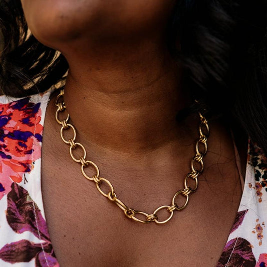 chunky necklace, gold chunky necklace, chunky chain necklace, chain necklace, gold chain necklace, hypoallergenic, brenda grands, brenda grands jewelry, brenda grands necklace, gold chunky chain necklace, water resistant necklace, water proof necklace