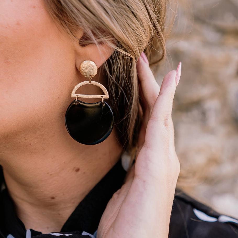 circle pendant earrings, stud dangle earrings, black pendant earrings, gold earrings, black and gold earrings, semi circle earrings, abstract earrings