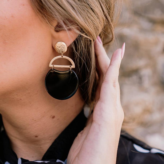 circle pendant earrings, stud dangle earrings, black pendant earrings, gold earrings, black and gold earrings, semi circle earrings, abstract earrings