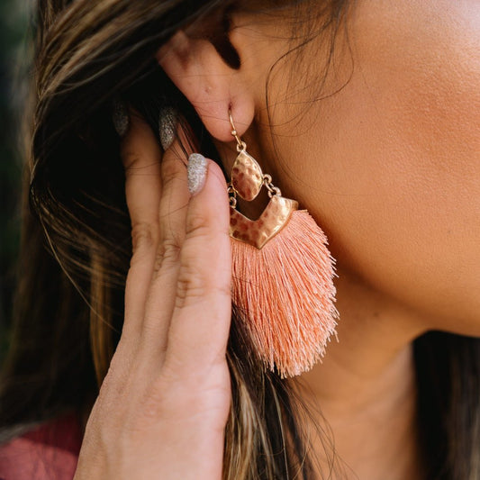 tassel earrings, gold tassel earrings, french wire dangle earrings, french wire earrings, tassel jewelry, peach tassel earrings, game day earrings, outfit accessories, outfit accessory, brunch date earrings, everyday earrings