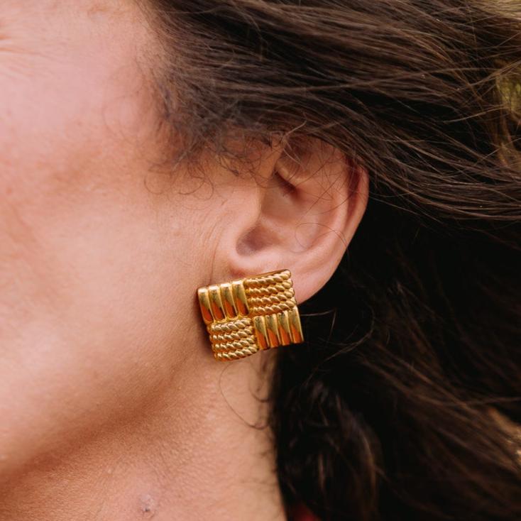 brenda grands, brenda grands jewelry, square earrings, oversized square earrings, textured earrings, textured square earrings, stud earrings, gold stud earrings, gold square earrings, gold textured earrings, small gift, hypoallergenic earrings, nickel free earrings, water proof earrings, water resistant earrings, christmas gift, stocking stuffer, gift for teens, gift for young adults, gift for tweens, gift idea, gift jewelry, jewelry gift idea