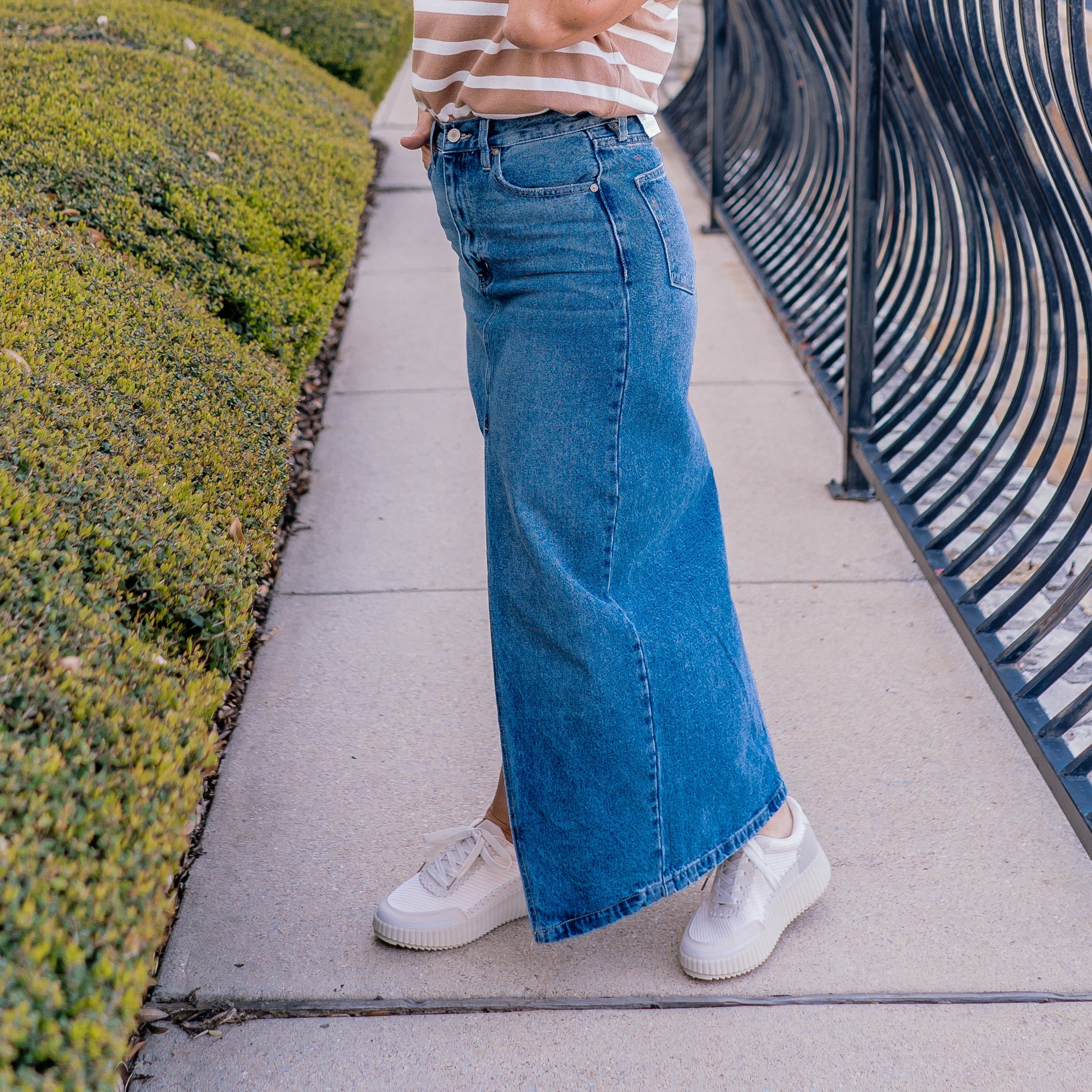 front slit midi skirt, midi skirt, front slit skirt, denim skirt, denim midi skirt, jean skirt, midi jean skirt, 90's denim skirt, classic midi skirt, classic denim midi skirt, medium wash skirt, medium wash midi skirt, denim apparel, denim skirt