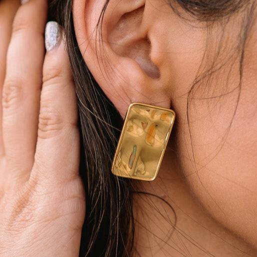 18k gold, 18k gold earrings, 18k gold coated earrings, dangle earrings, rectangle drop earrings, rectangle earrings, textured metal earrings, hammered metal earrings, stud dangle earrings, hypoallergenic, hypoallergenic earrings, hypoallergenic jewelry, water resistant earrings, nickel free earrings, brenda grands, brenda grands earrings