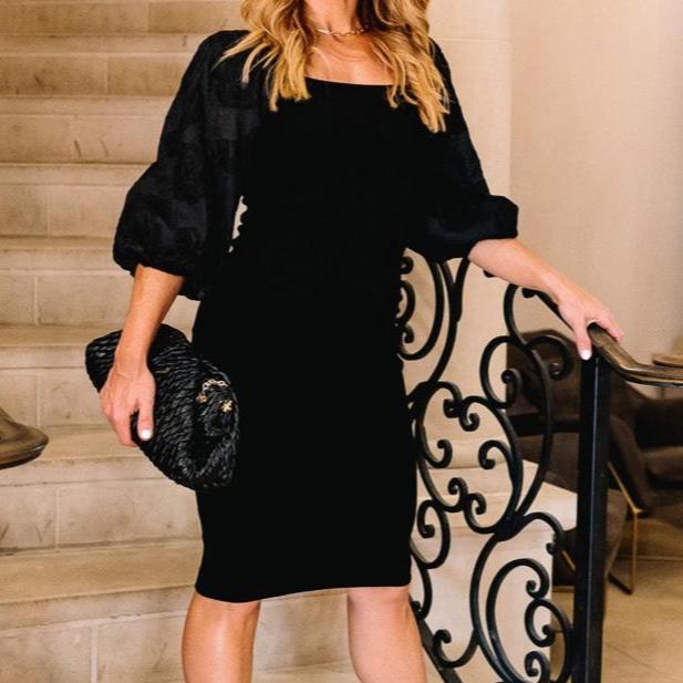 puff sleeve dress, puff sleeves, black midi dress, midi dress, fitted midi dress, body contouring midi dress, square neckline, fancy dress, gala dress, fall dress, holiday dress, fancy holiday dress, black fitted dress, little black dress, black midi dress with puff sleeves