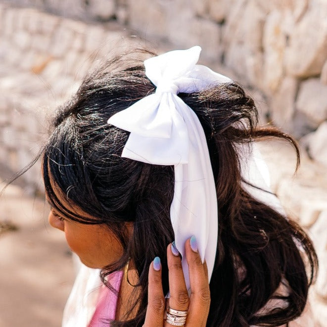 hair bow, satin hair bow, silky hair bow, white hair bow