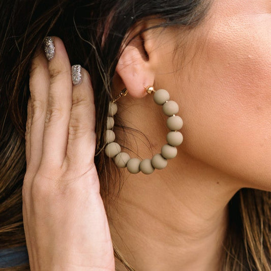 beaded earrings, beaded hoop earrings, fun hoop earrings, unique hoop earrings, clay hoop earrings, clay hoop earrings, taupe hoop earrings, olive hoop earrings
