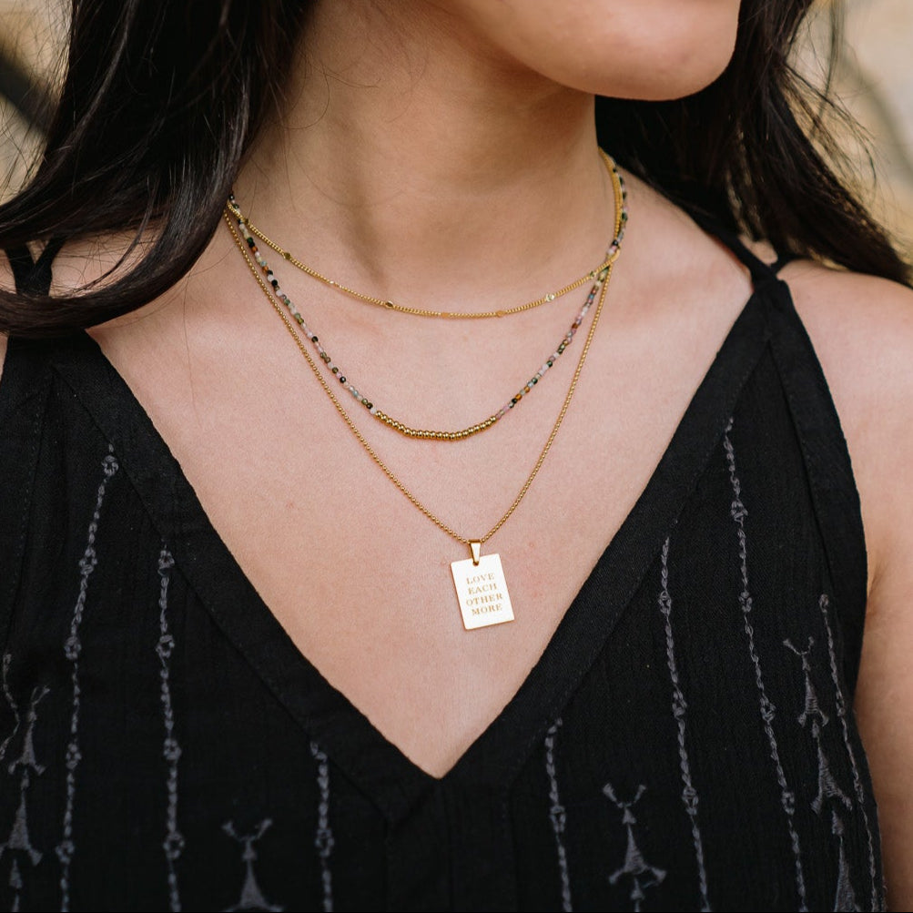 love each other more necklace, love each other necklace, brenda grands, brenda grands necklace, brenda grands jewelry, gold plated jewelry, 18k gold, 18k gold necklace, 18k gold jewelry, simple chain necklace, small gift, christmas gift, stocking stuffer, hypoallergenic, hypoallergenic necklace, waterproof necklace, waterproof jewelry