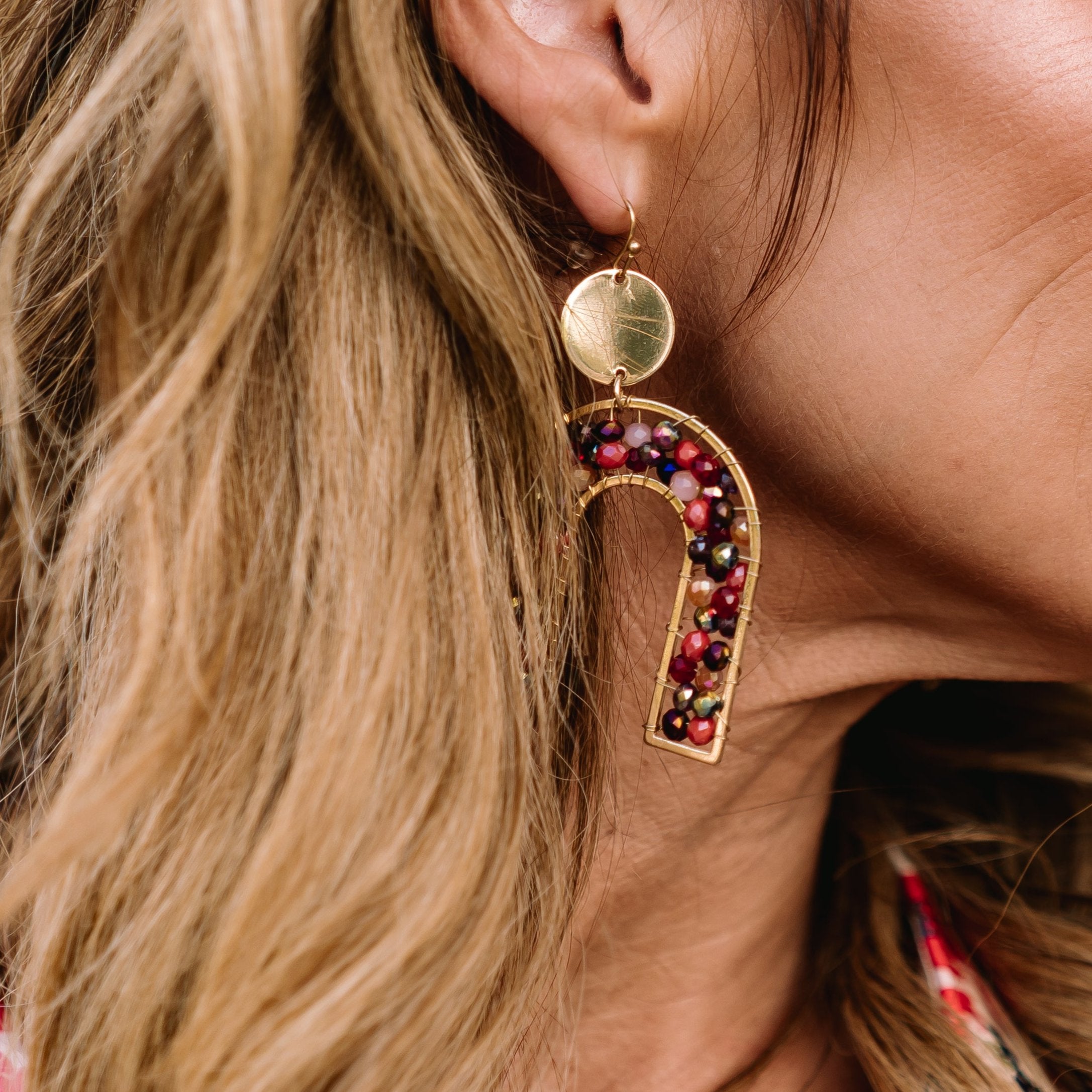 arch earrings, arch pendant earrings, beaded earrings, beaded arch earrings, glass beads, glass beaded arch earring, french wire dangle earrings, french wire earrings, red beaded earrings, red arch earrings, maroon beaded earrings, maroon arch earrings