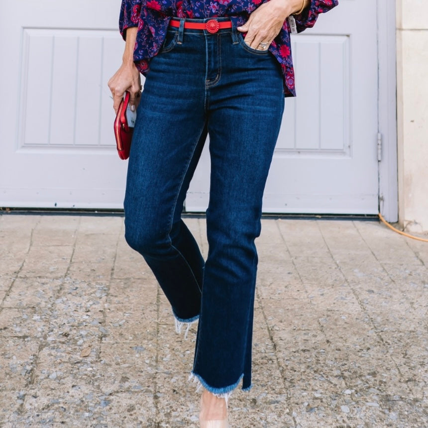 cropped flare jeans, flare jeans, comfort stretch denim, comfort stretch jeans, dark wash jeans, frayed hem jeans, cropped jeans, denim apparel, dark wash denim, dark wash jeans, vervet denim, high rise jeans, high waisted jeans, high rise flare jeans