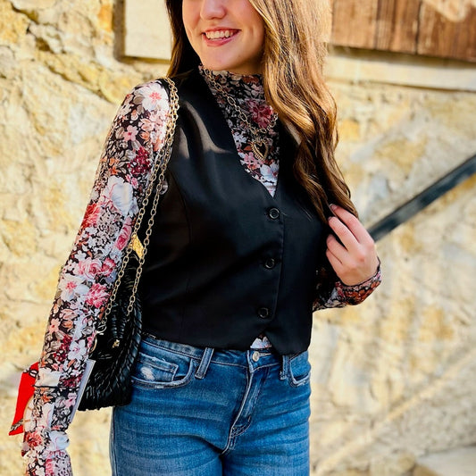 vest top, cropped vest, sleeveless vest, button front vest, taupe vest, black vest, pink vest, layering vest, women’s vest, versatile vest, blazer layering top, mesh top layering, trendy vest top, chic cropped vest, business casual vest, night out top, fall layering piece, transitional wardrobe, boutique vest, stylish vest