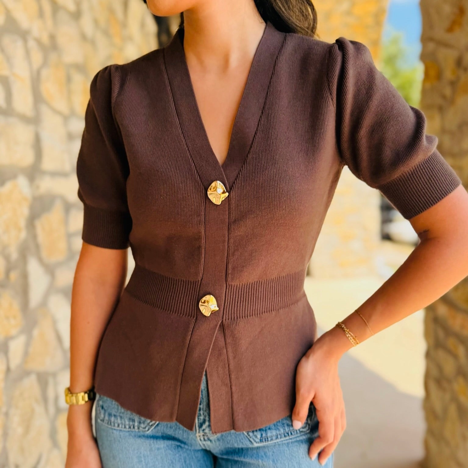 Lauria Ribbed Short Sleeve Cardigan