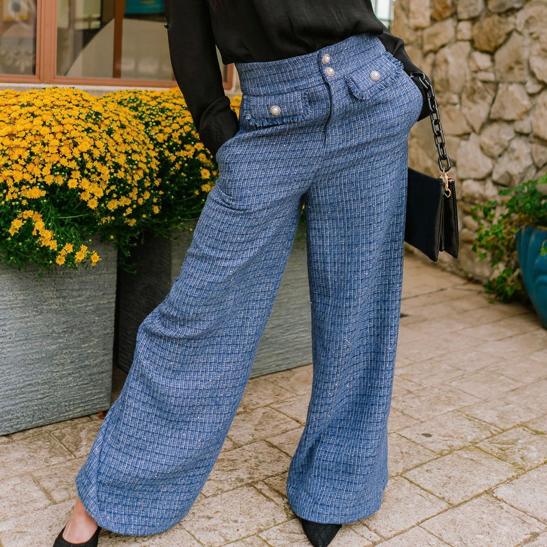 tweed pants, tailored tweed trousers, boutique chic pants, sophisticated pants for women, high waisted tweed pants, workwear pants, polished trousers, taupe tweed pants, slate gray tweed pants, front closure pants, jewel button pants, pockets trousers, versatile dress pants, stylish fall pants, professional pants for women, classic tweed bottoms, chic office pants, elegant tweed pants, modern boutique pants, timeless wardrobe staple