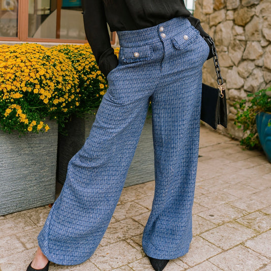 tweed pants, tailored tweed trousers, boutique chic pants, sophisticated pants for women, high waisted tweed pants, workwear pants, polished trousers, taupe tweed pants, slate gray tweed pants, front closure pants, jewel button pants, pockets trousers, versatile dress pants, stylish fall pants, professional pants for women, classic tweed bottoms, chic office pants, elegant tweed pants, modern boutique pants, timeless wardrobe staple