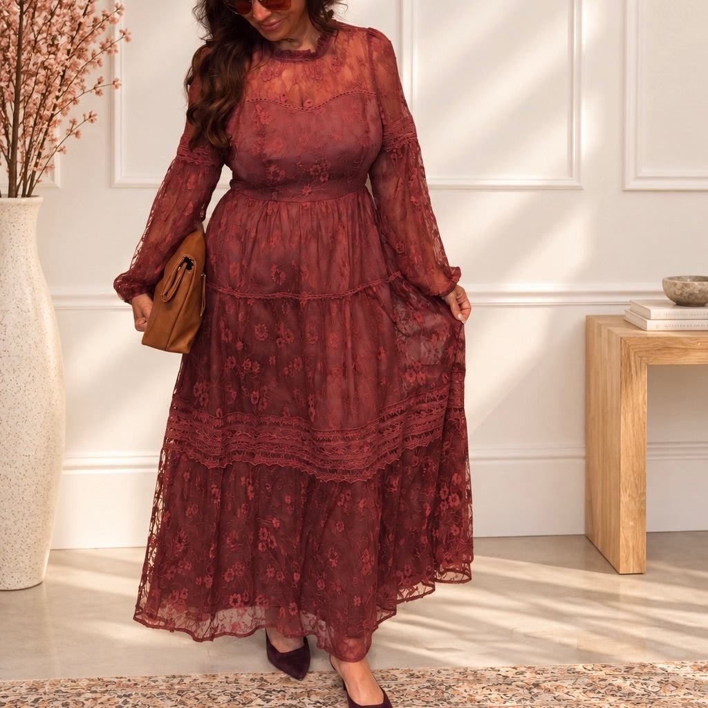 Midnight Merlot Tiered Lace Maxi Dress