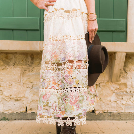 floral midi dress, strapless midi dress, smocked bodice dress, embroidered floral dress, eyelet lace dress, crocheted lace dress, scalloped hem dress, Ever After dress, romantic floral dress, feminine date night dress, wedding guest dress, weekend outfit dress, boutique women’s dress, summer floral dress, spring midi dress, flirty tube dress, romantic embroidered dress, whimsical floral dress, chic strapless dress, elegant cotton dress, dry clean dress, versatile midi dress, statement floral dress