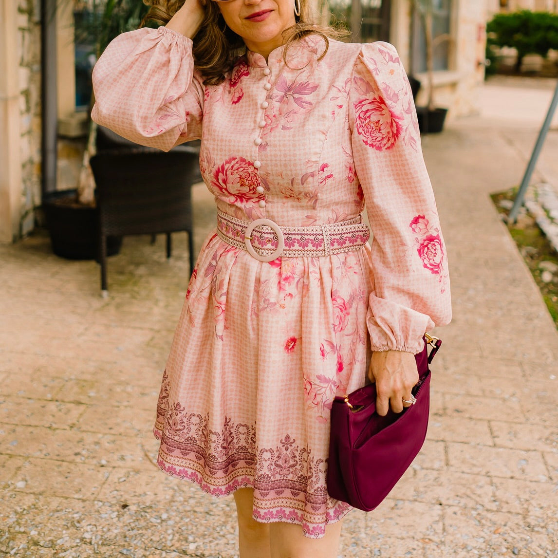vintage inspired floral mini dress, mock neckline dress, button down floral dress, long sleeve mini dress, belted floral dress, a-line floral dress, lightweight fall dress, chic countryside dress, romantic floral print dress, collared neck mini dress, cozy fall floral outfit, timeless floral dress for women