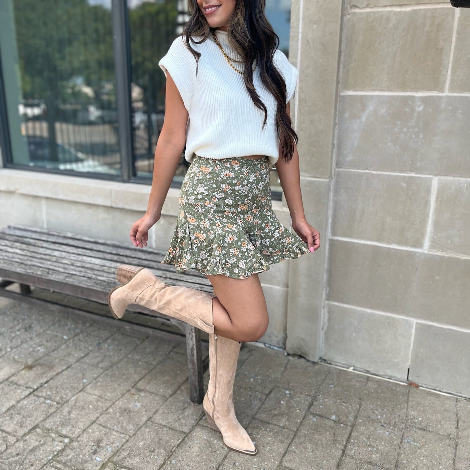 olive floral skort, high waisted skort, mini skort, built-in shorts skirt, floral print skort, women’s summer skort, boutique skort, flirty mini skirt, vacation outfit skort, casual chic skort, layered skort, lined skort, versatile skort for women, warm weather skirt, dinner outfit skort, family photo outfit, trendy summer skirt, feminine skirt with shorts, easy-to-wear skort, olive green skort, stylish summer bottom, lightweight skort, flirty floral skort, effortless summer style