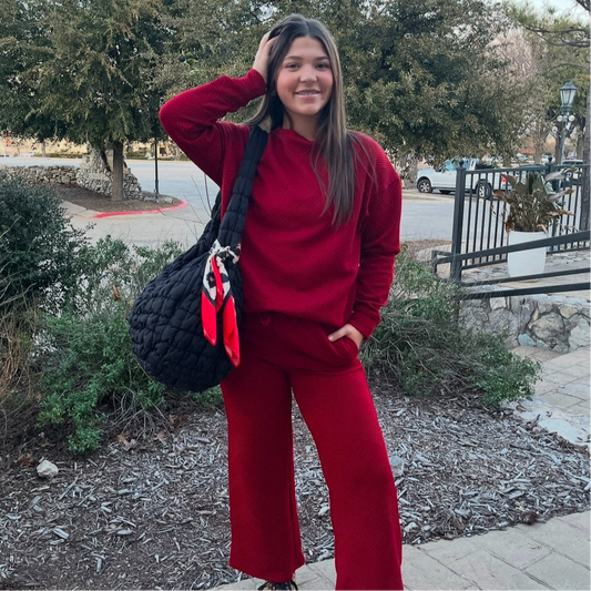 textured pullover jogger set, cozy two-piece set, quilted loungewear set, wide leg jogger set, polyester elastane set, casual chic loungewear, matching pullover and jogger, comfy home outfit, trendy loungewear, boutique lounge set, warm loungewear outfit, relaxed fit pullover set, everyday cozy set, stylish homewear, soft quilted loungewear, versatile pullover jogger, effortless chic loungewear, all-day comfort outfit, casual athleisure set, fashion-forward lounge set