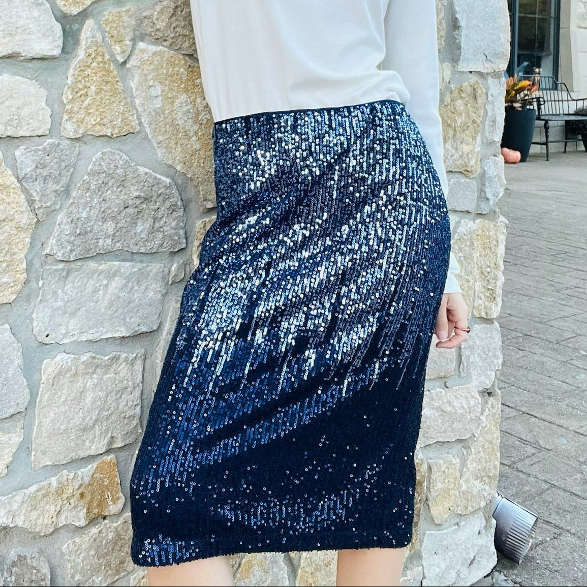 blue sequin ombre midi skirt, navy and silver sequin skirt, sequin party skirt, holiday party outfit, sparkly ombre skirt, festive boutique skirt, statement sequin midi skirt, shimmer and shine outfit, elegant evening skirt, glamorous holiday look, new year’s eve party outfit, cocktail party skirt, boutique holiday fashion, navy sequin skirt with slit, ombre sparkle midi skirt, silver to navy sequin fade skirt, dressy winter skirt, chic sequin outfit for women