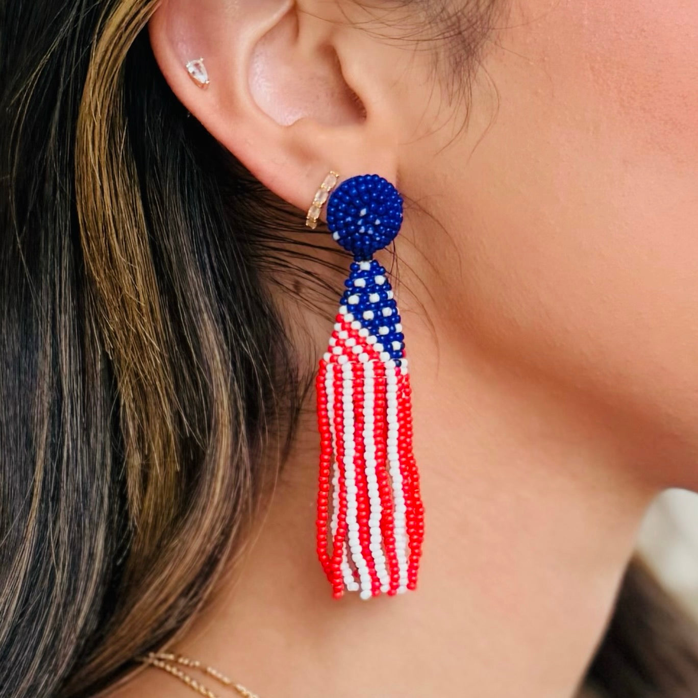 Stars & Dangles American Flag Beaded Tassel Earrings