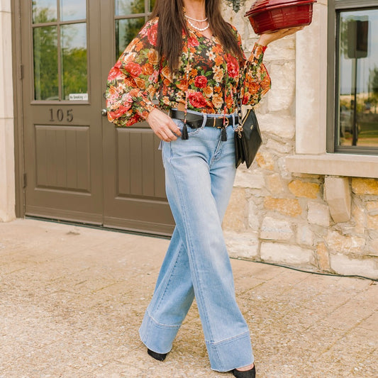 floral blouse, floral print top, high neck blouse, peasant sleeve top, smocked cuff blouse, tie front top, feminine floral top, chic work blouse, dinner date outfit, woven floral blouse, elegant floral shirt, boutique top, stylish fall blouse, office to evening top, floral high neck shirt, trendy floral blouse, women’s printed blouse, versatile floral top, romantic feminine style, cute floral top