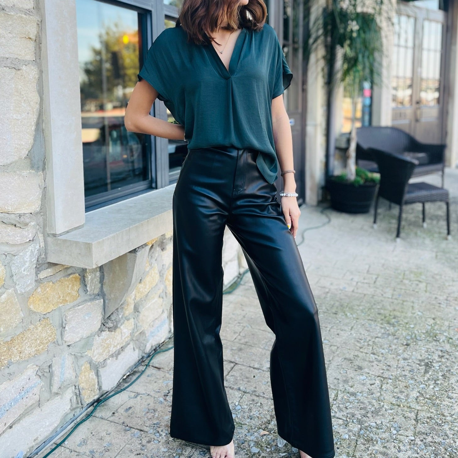 leather pants, vegan leather pants, wide leg pants, black leather pants, zip-fly pants, chic pants, on-trend pants, flattering pants, wardrobe essential, versatile pants, front pockets, back pockets, women's fashion, night out outfit, elevated style, timeless pants, winter style, winter outfits, going out pants, NYE, new years outfit, christmas pants, christmas outfit, winter staples